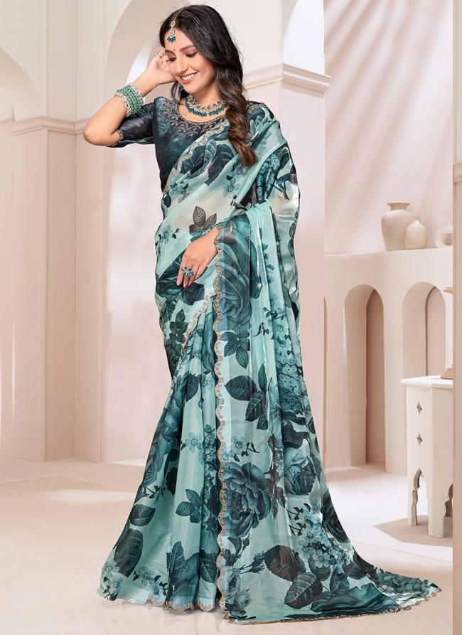 Crystal Organza Silk Green Traditional Wear Hand Work Saree